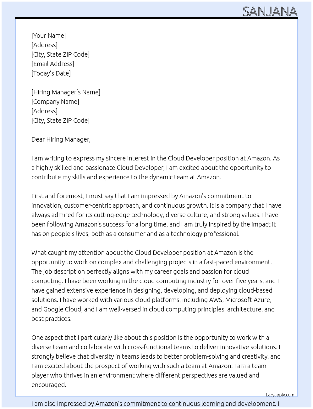 Cloud Developer At Amazon Cover Letter