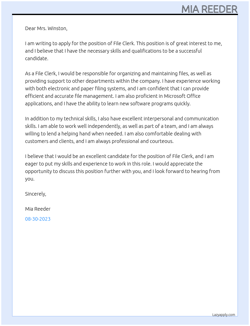 File Clerk At No company Cover Letter