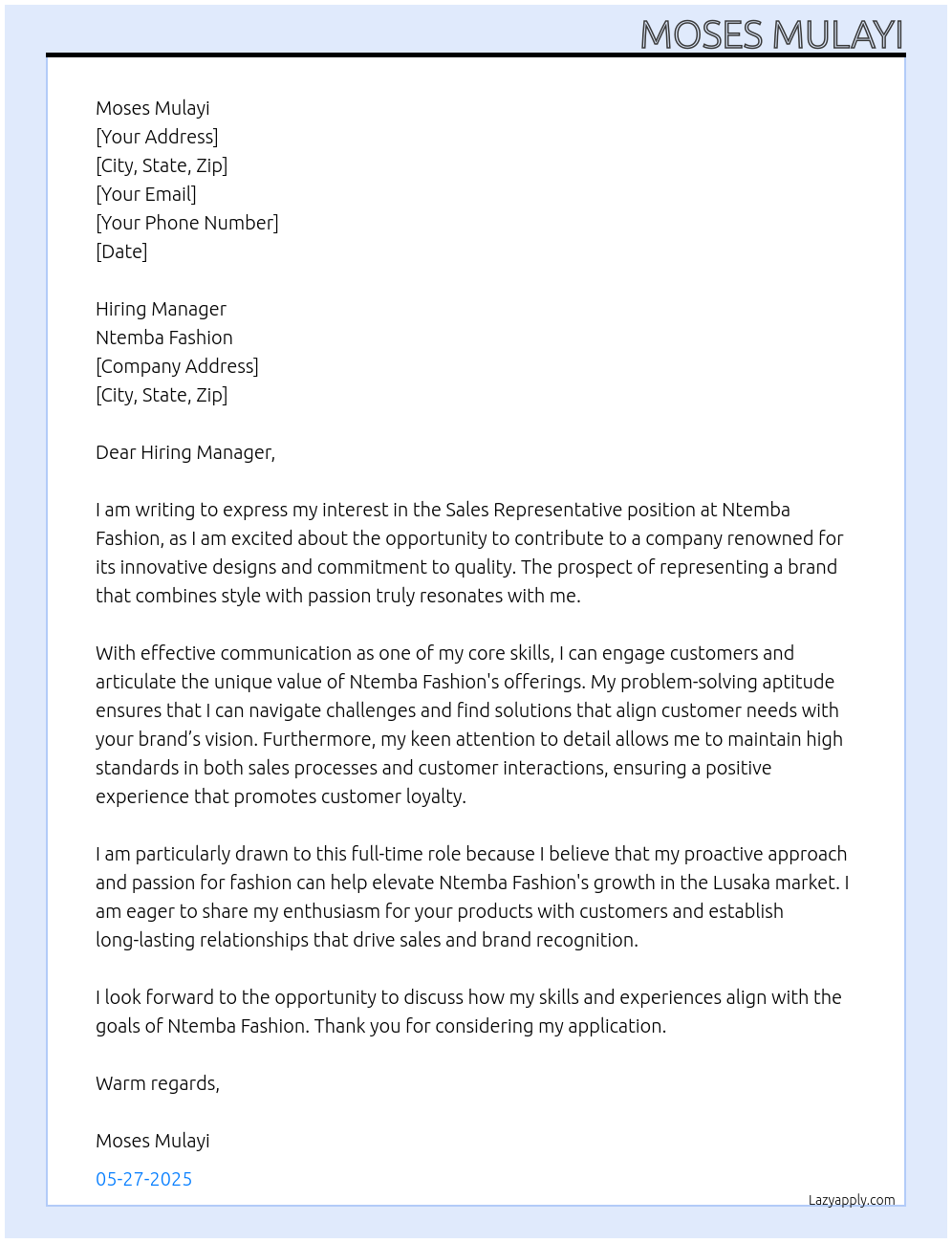 Sales Representative At Ntemba Fashion Cover Letter