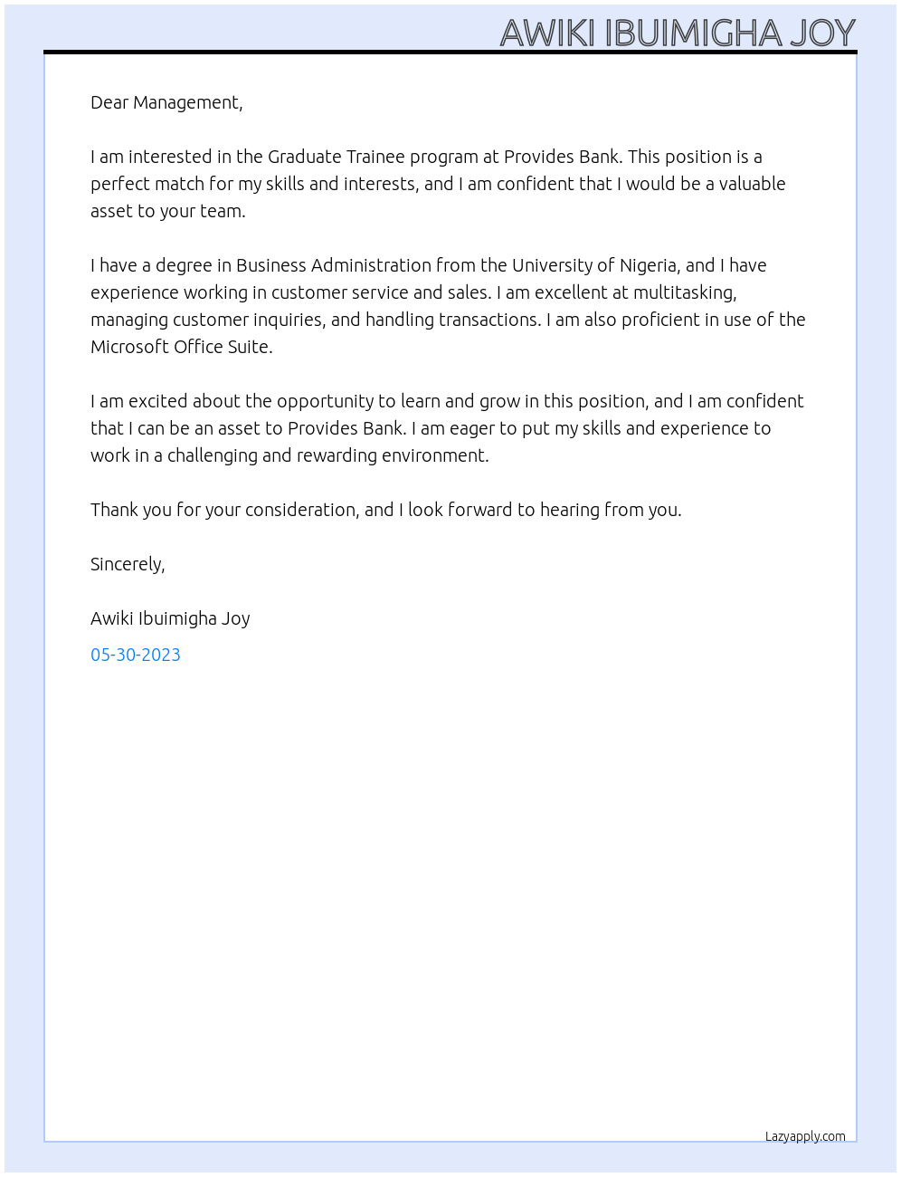 Graduate Trainee program  At Provides Bank Cover Letter