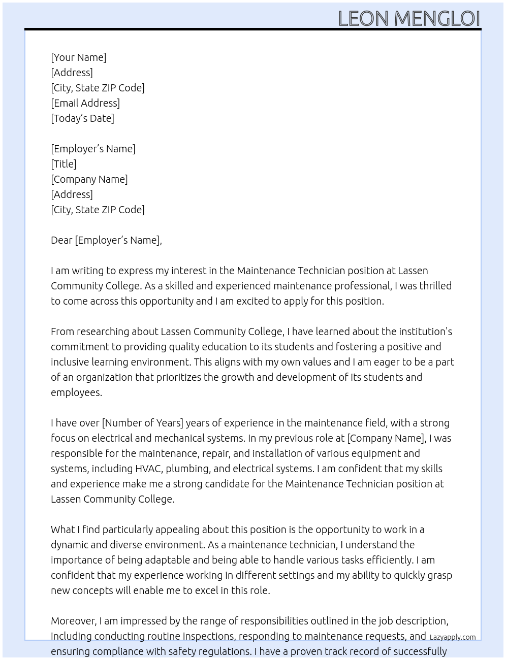 Maintenance technician At Lassen Community College Cover Letter