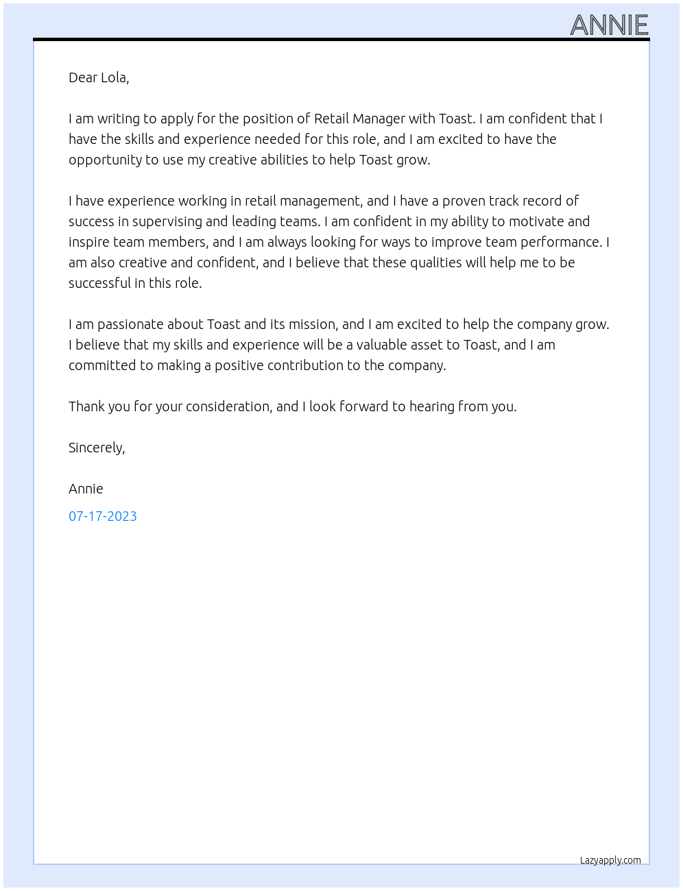 retail manager At toast Cover Letter