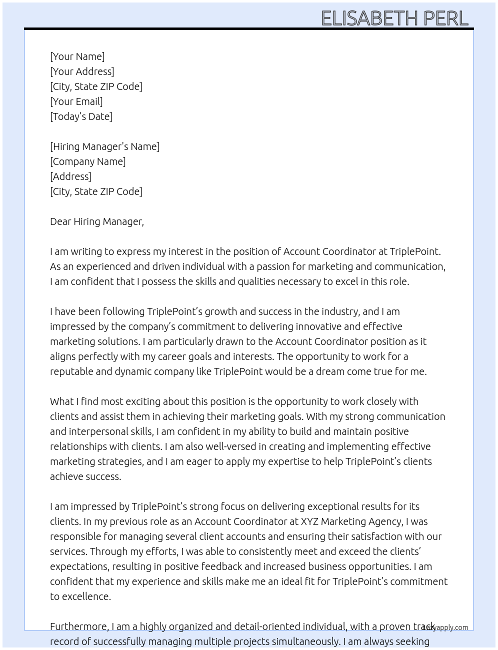 Account Coordinator At TriplePoint Cover Letter