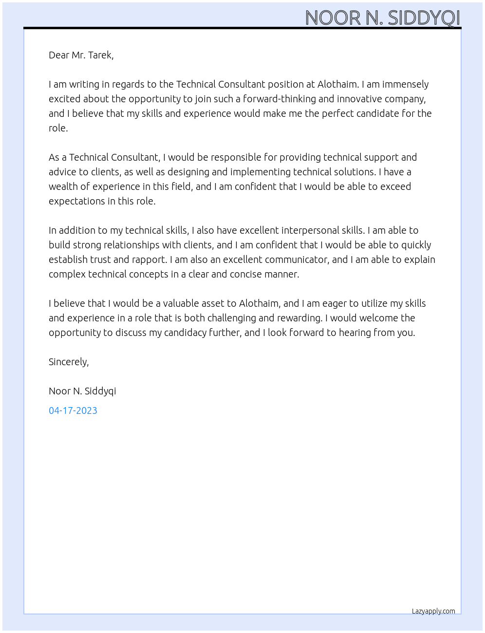 Technical Consultant At Alothaim Cover Letter