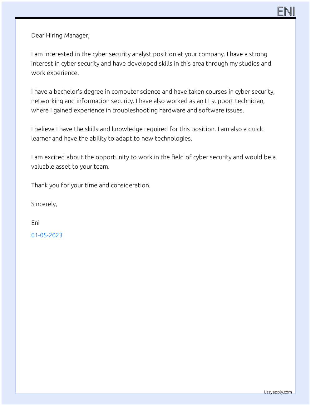 Cover letter for cyber security anylist - LazyApply