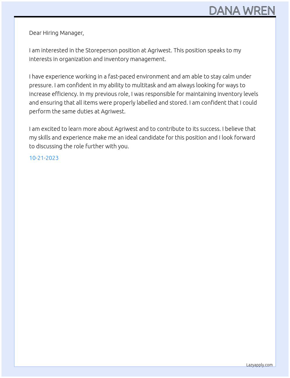 Storeperson At Agriwest Cover Letter