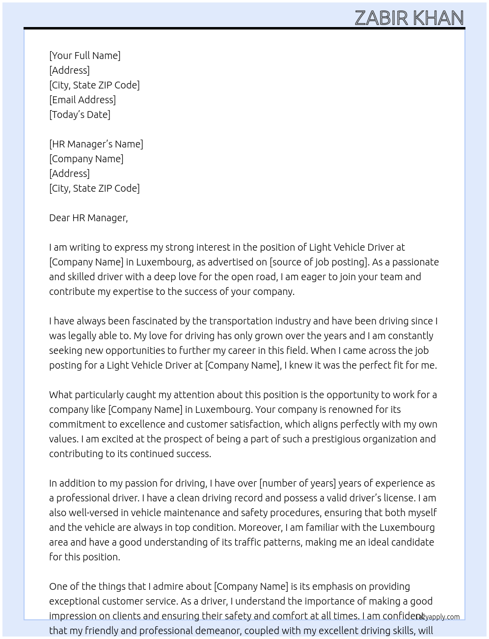 Light vehicle Driver At Luxembourg Cover Letter