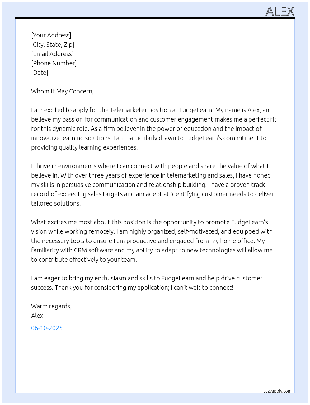 Cover letter for telemarketer - LazyApply