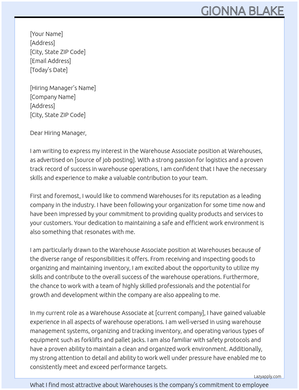 Warehouse Associate  At Warehouses Cover Letter