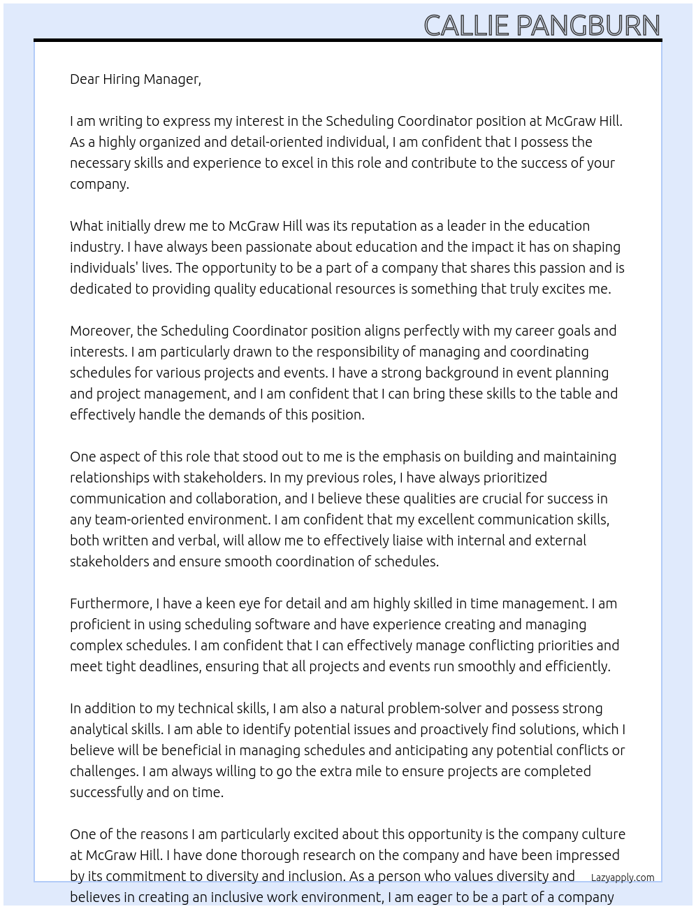 Scheduling Coordinator At McGraw Hill Cover Letter