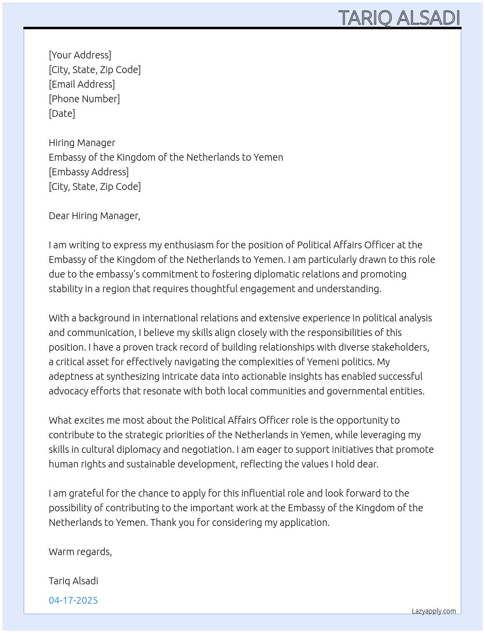 Cover letter for political affairs officer - LazyApply