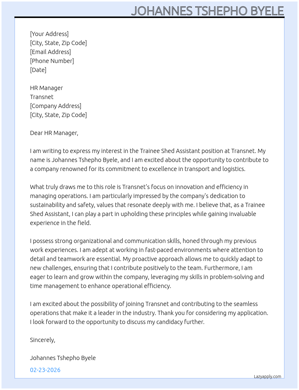 Trainee Shed Assistant At transnet Cover Letter