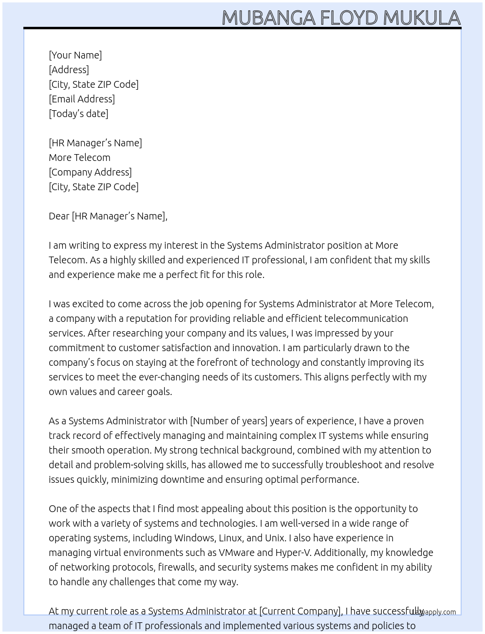 Systems Administrator At More Telecom Cover Letter