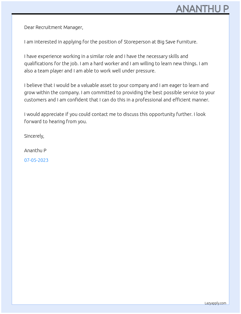 Storeperson At Big save furniture  Cover Letter