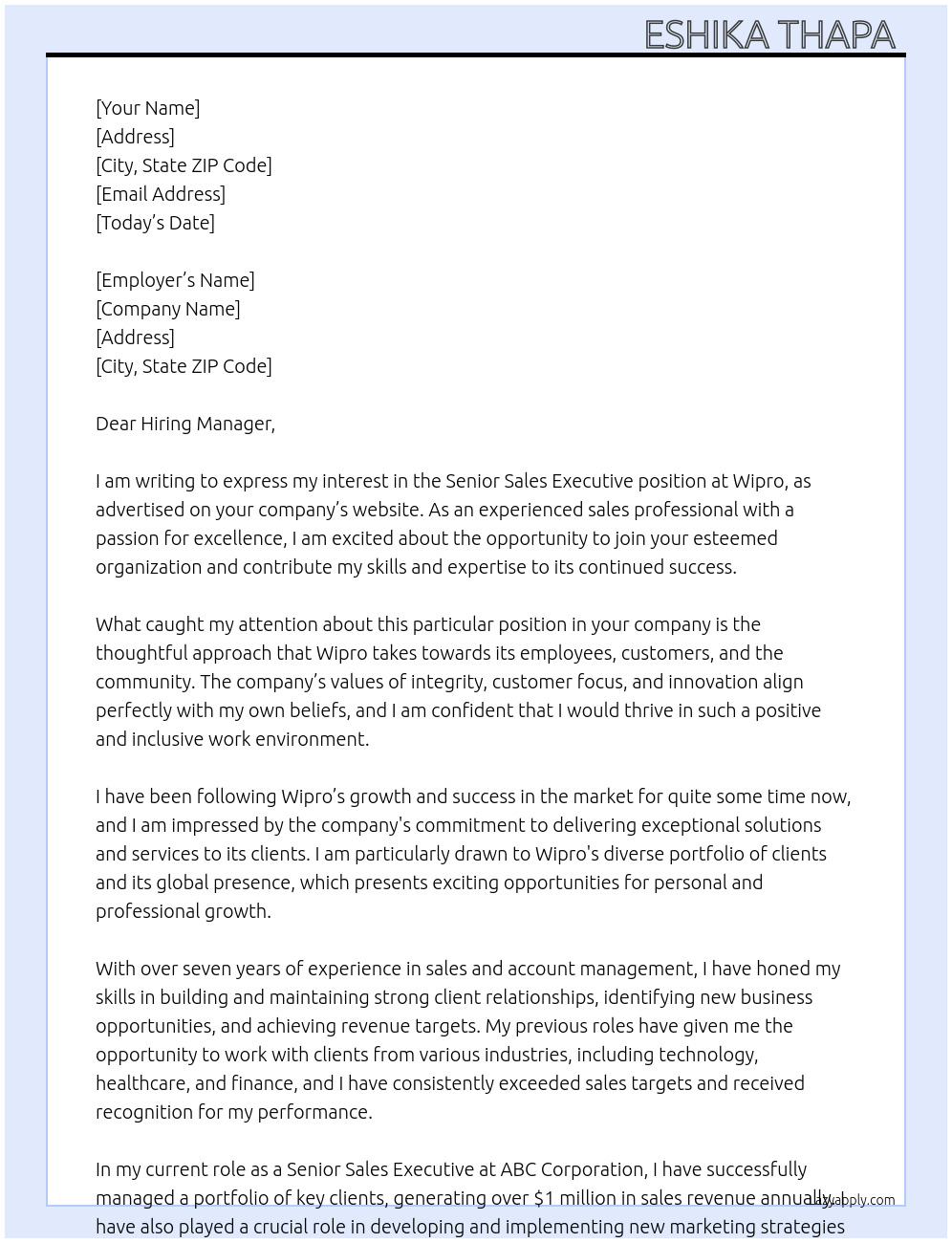 Senior Sales Executive At Wipro Cover Letter