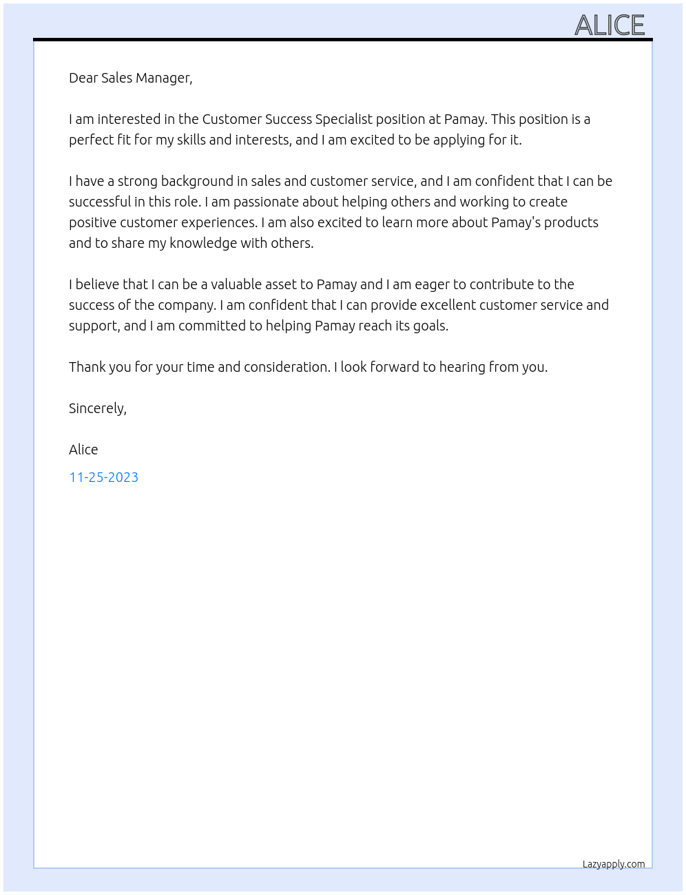 Customer Success Specialist At Pamay Cover Letter