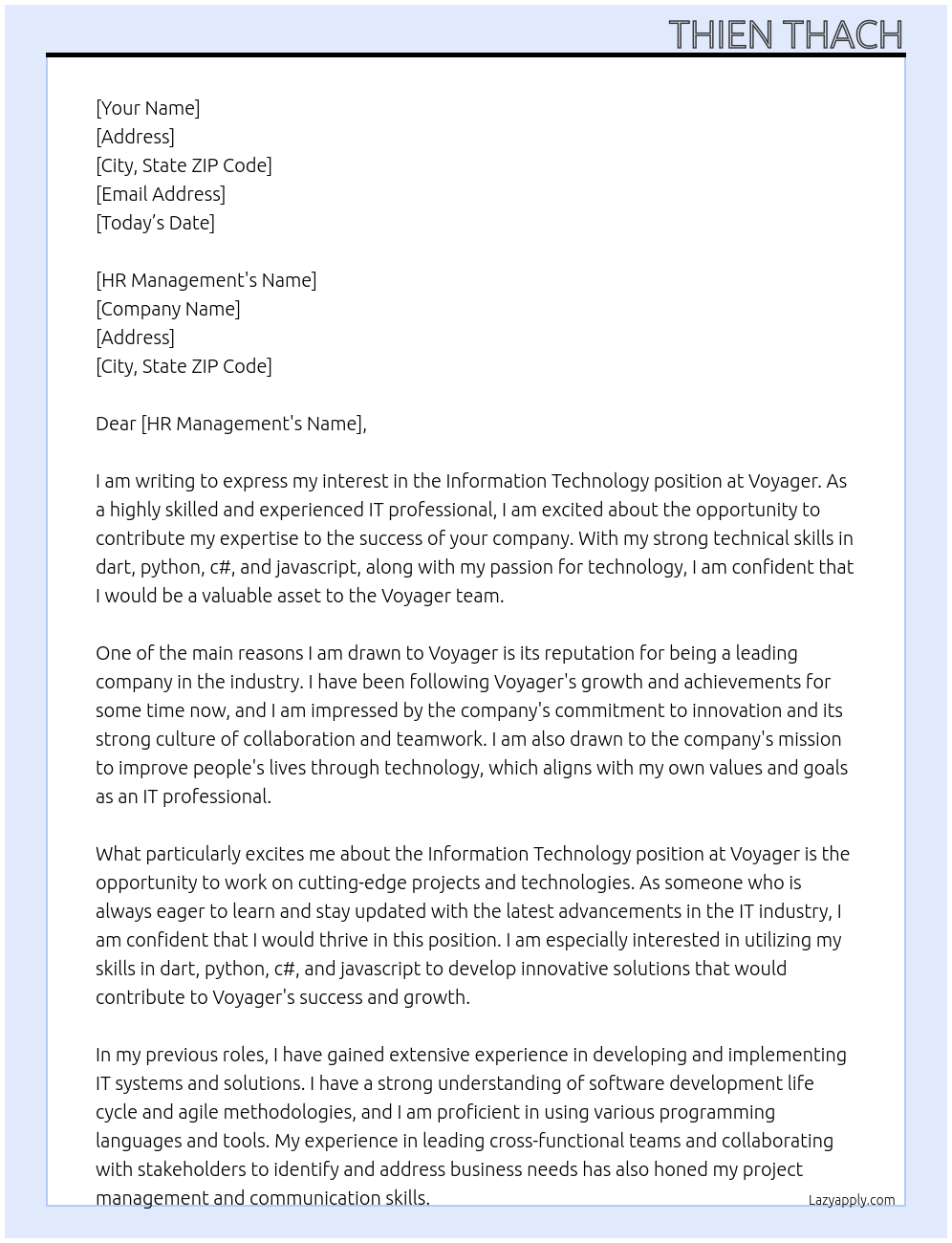 Information technology At Voyager Cover Letter