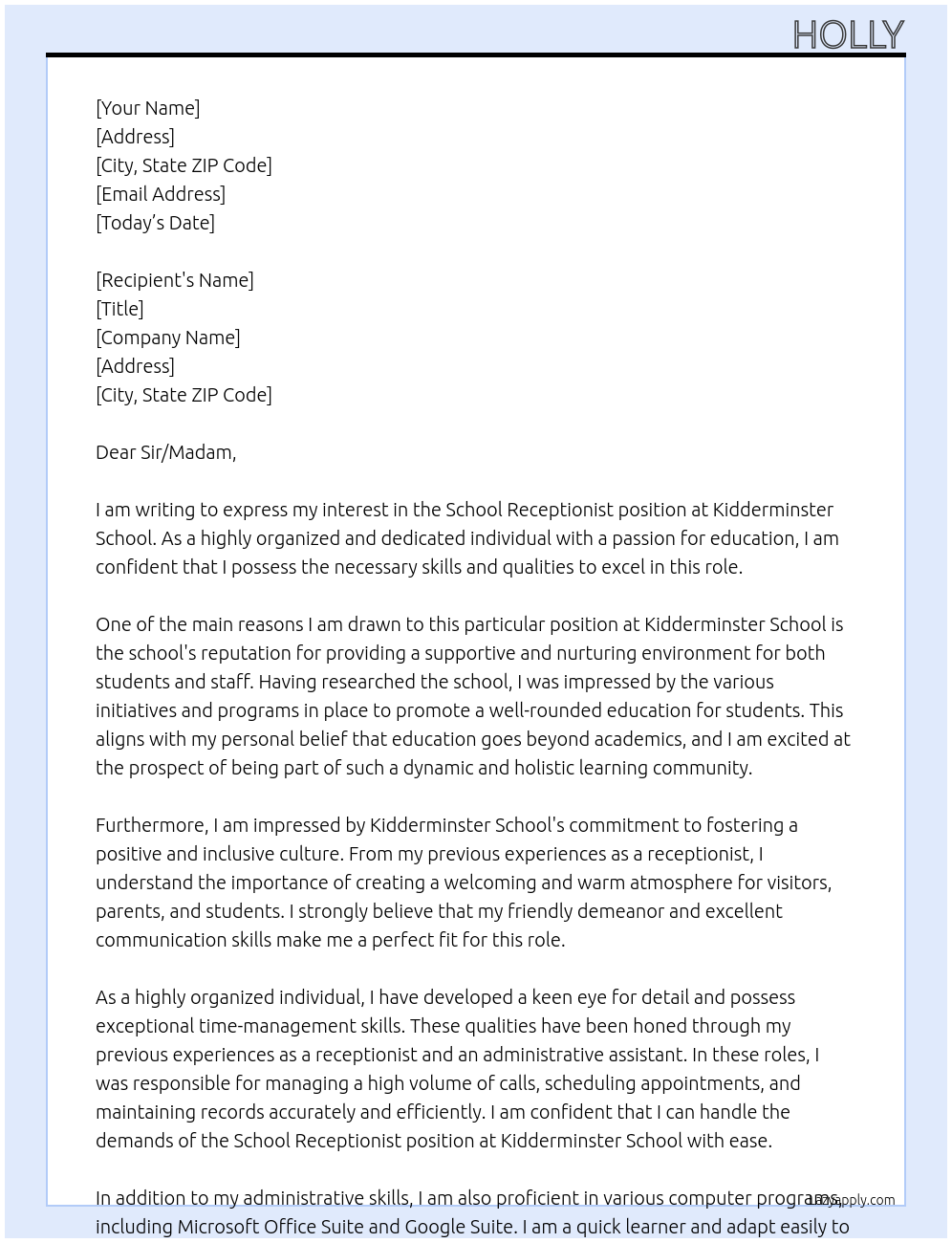 School Receptionist At Kidderminster School Cover Letter