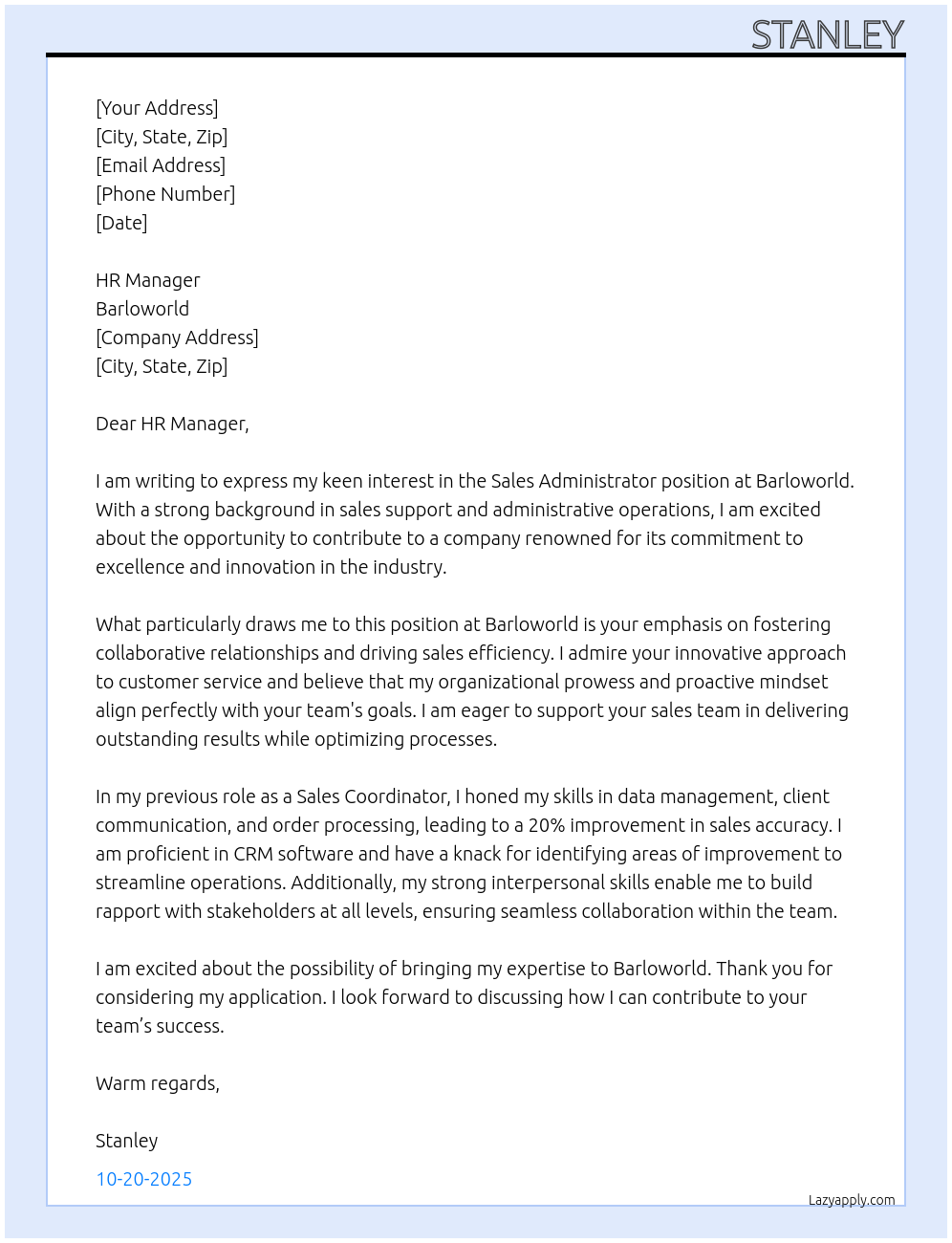 Cover letter for sales administrator - LazyApply