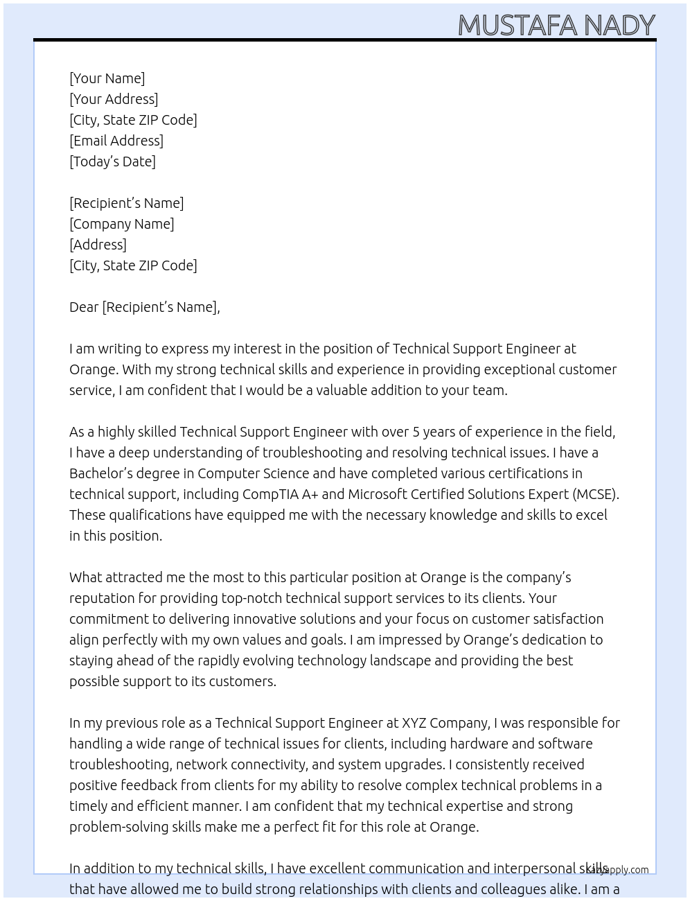 Technical Support Engineer At Orange Cover Letter