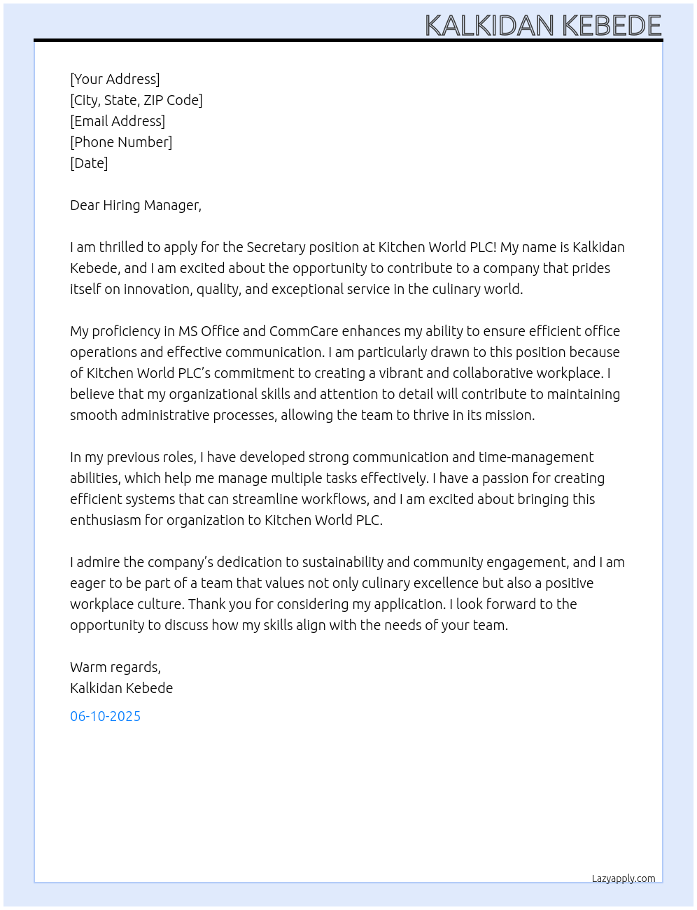 Secretary At Kitchen world plc Cover Letter