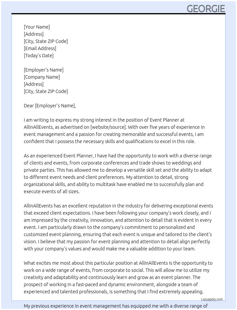 event planner At AllInAllEvents Cover Letter