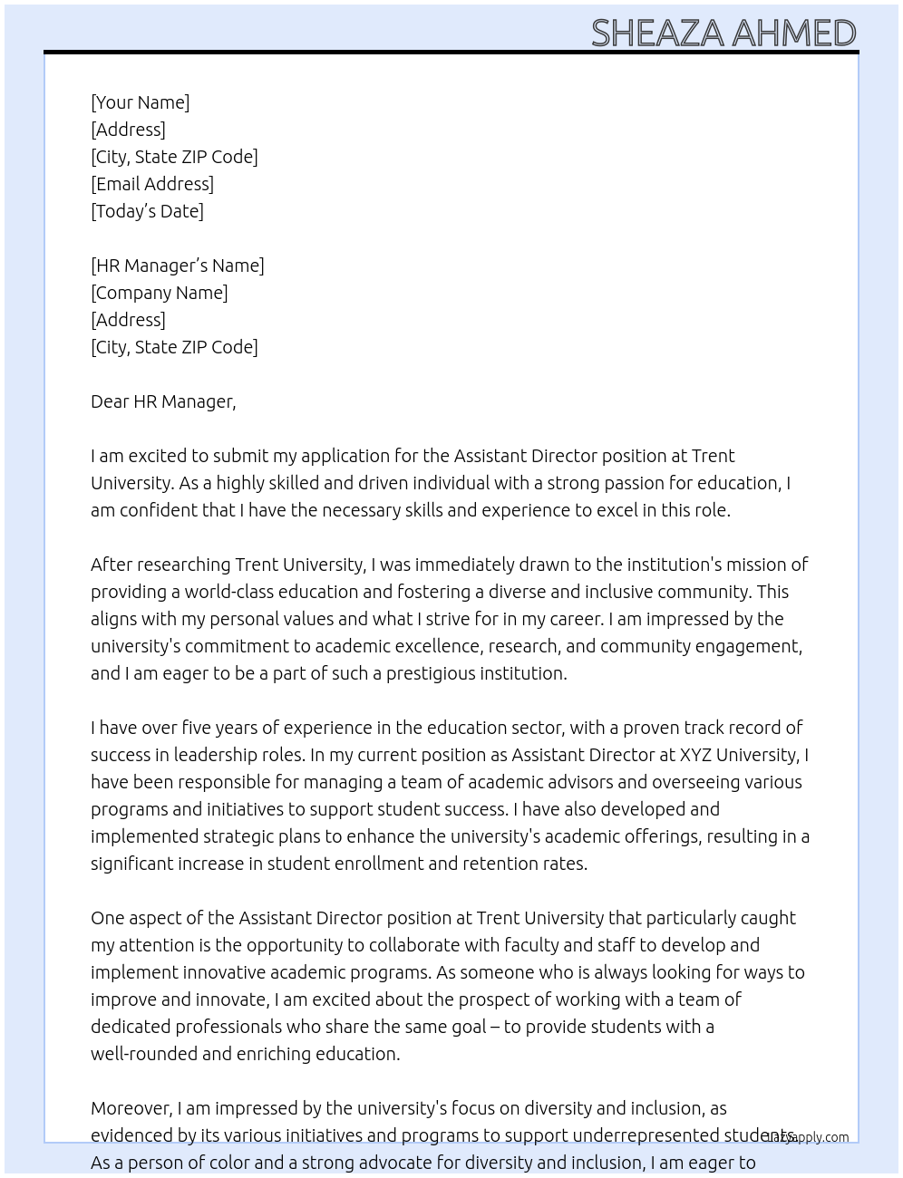 Assistant Director At Trent University Cover Letter