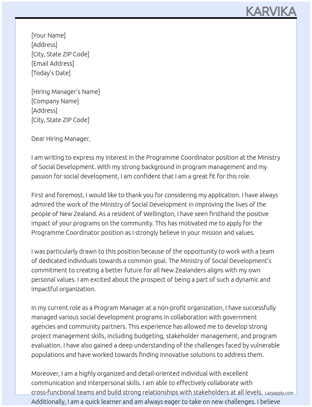 Programme Coordinator At Ministry of Social Development Cover Letter