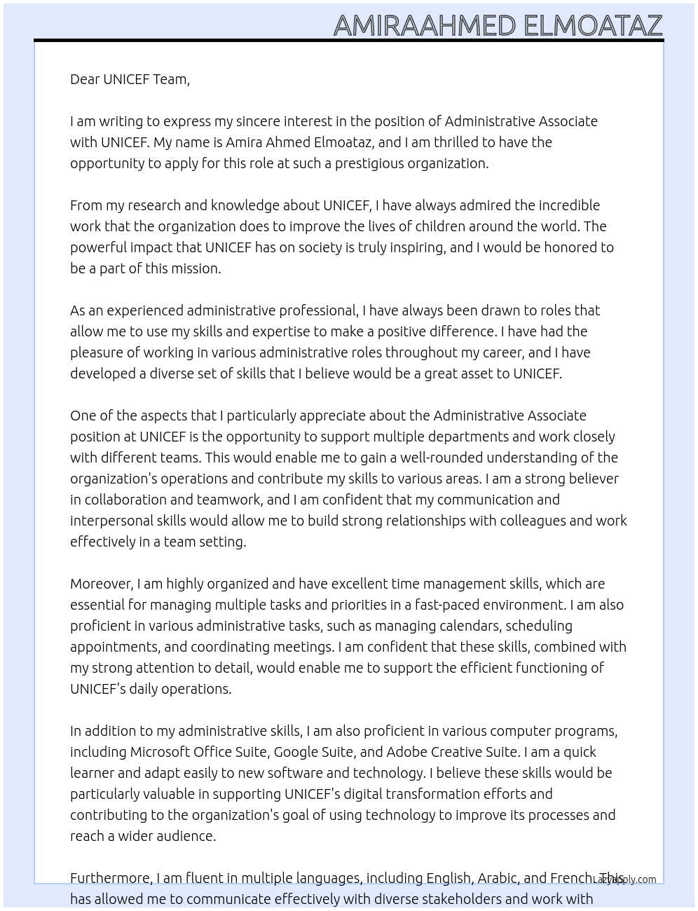 Administrative associate At Unicef Cover Letter