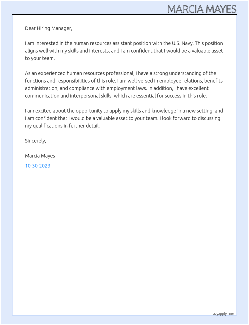 HUMAN RESOURCES ASSISTANT At U.S. Navy Cover Letter