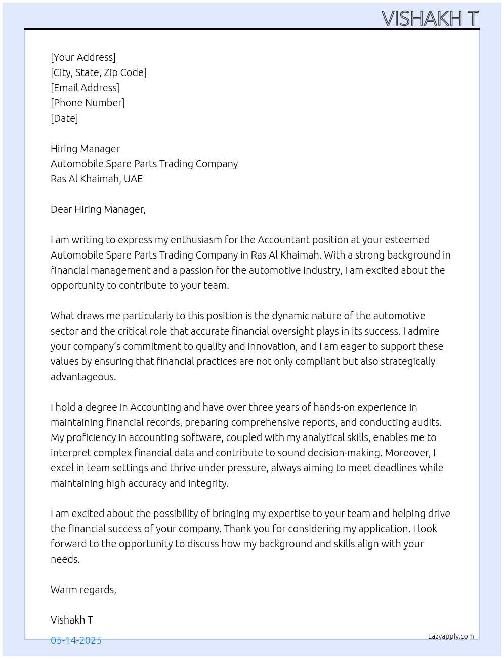 Accountant  At Automobile spare parts Trading company in Ras Al Khaimah, UAE Cover Letter