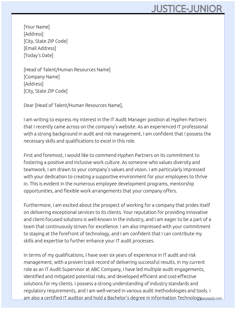 Cover letter for it audit manager - LazyApply
