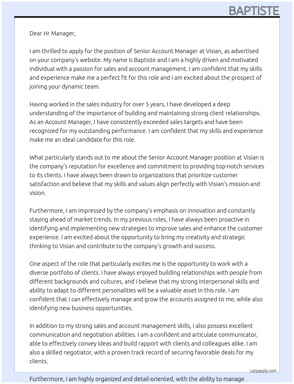 senior account manager At Visian Cover Letter