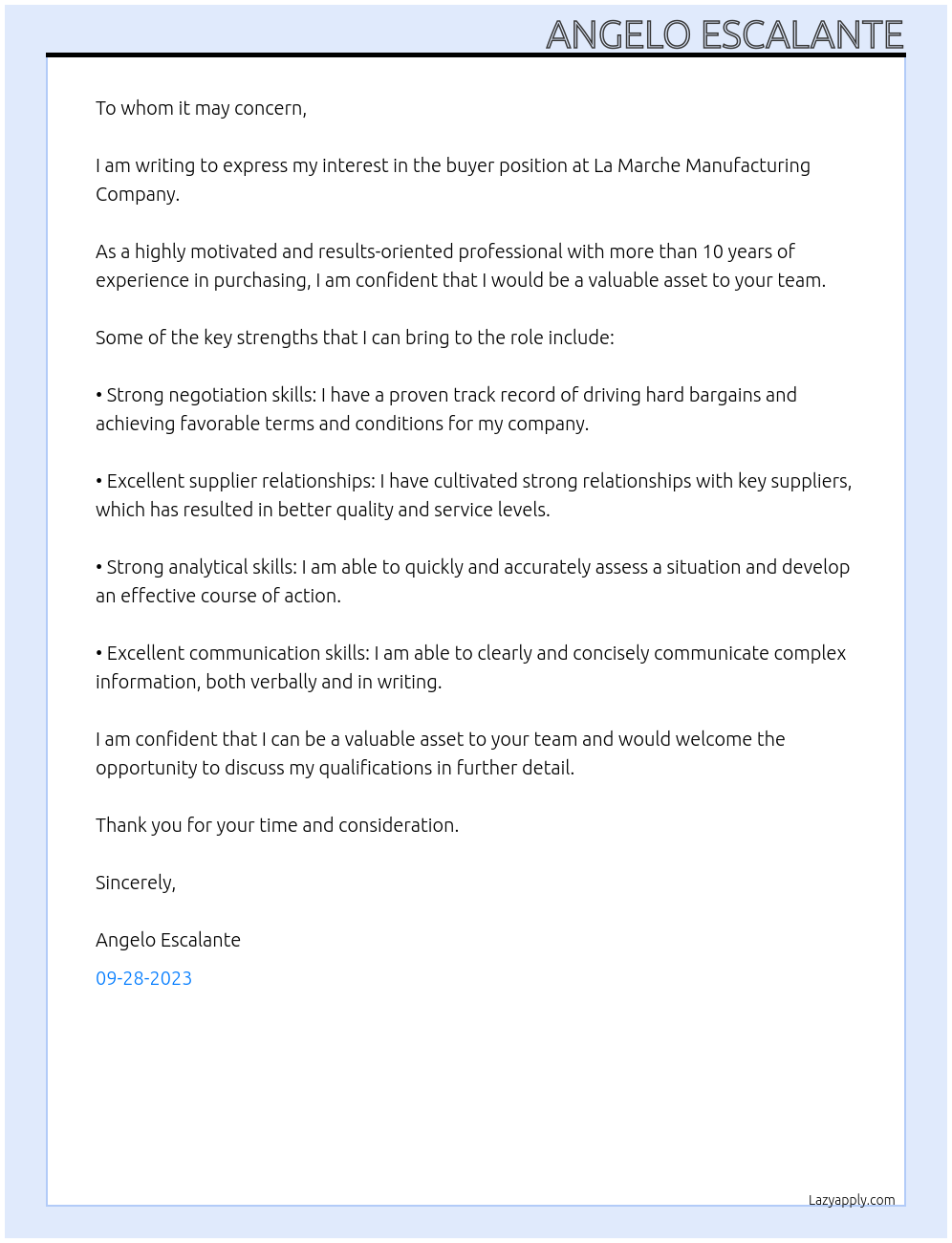 Buyer At La Marche Manufacturing Company  Cover Letter