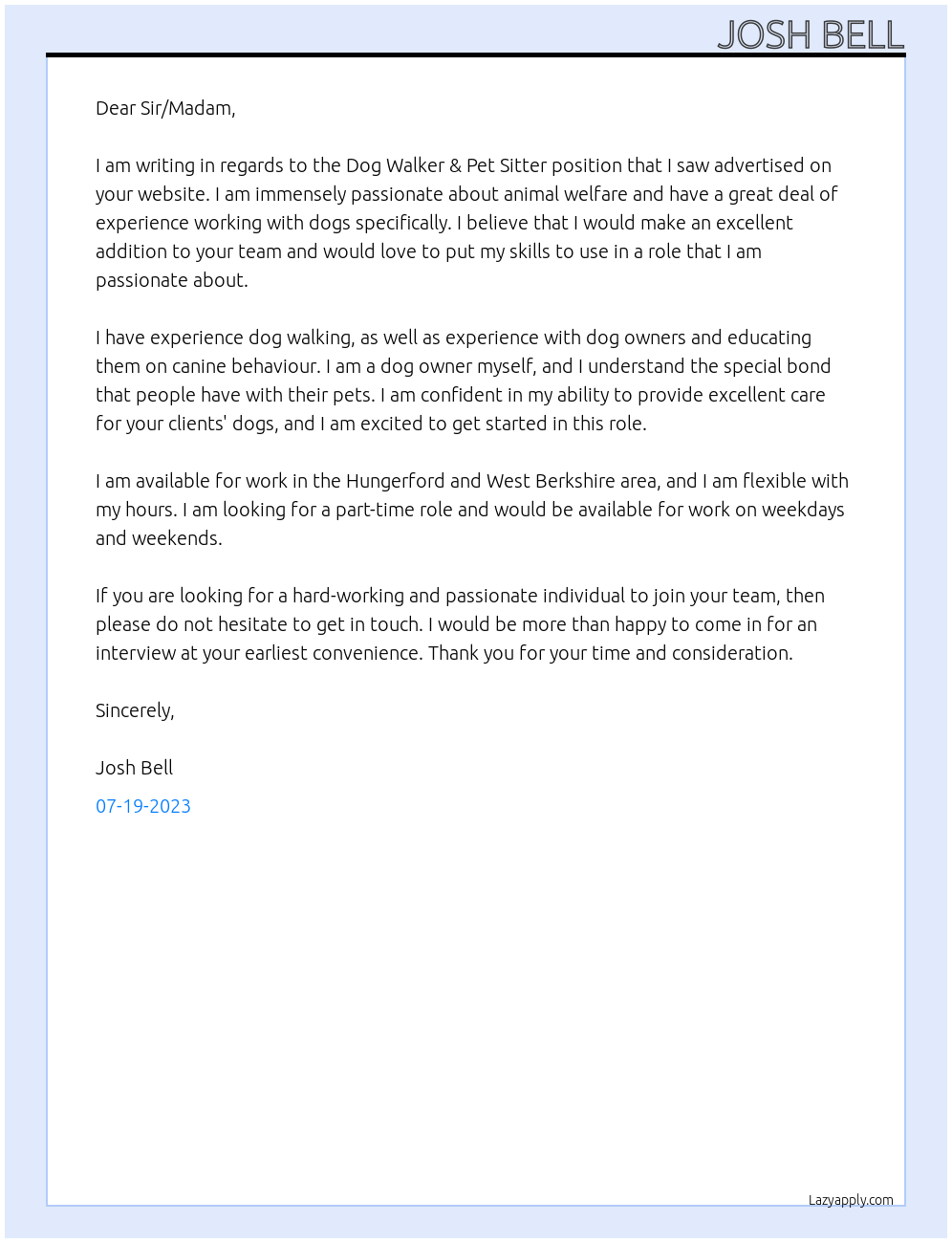 Dog Walker & Pet sitter  At We Love Pets Cover Letter