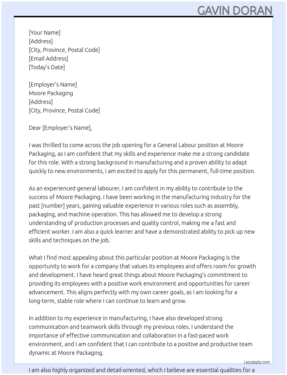 General Labour At Moore Packaging Cover Letter