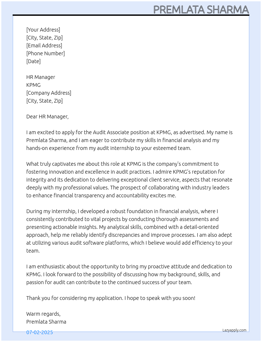 audit associate At kpmg Cover Letter