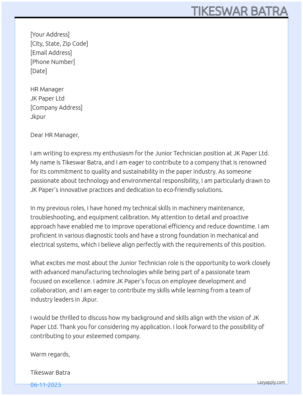 Cover letter for junior technician - LazyApply