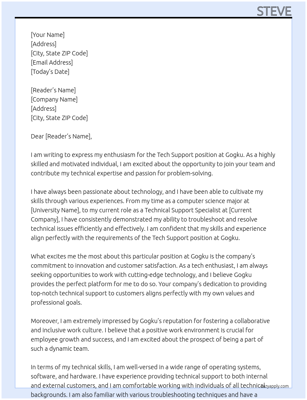 Tech Support At gogku Cover Letter