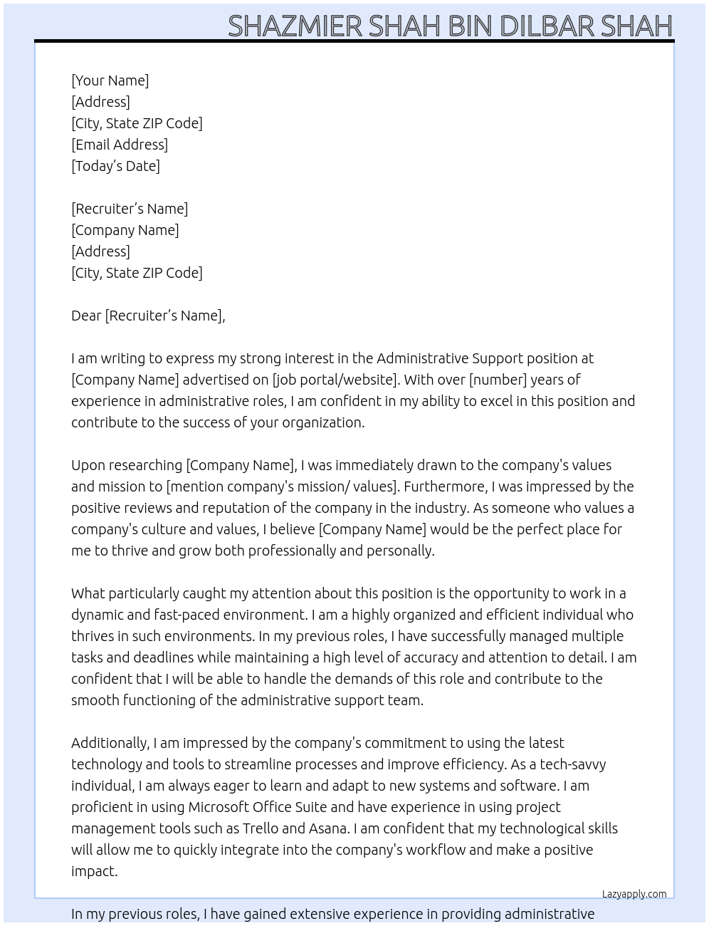 Administrative Support At - Cover Letter