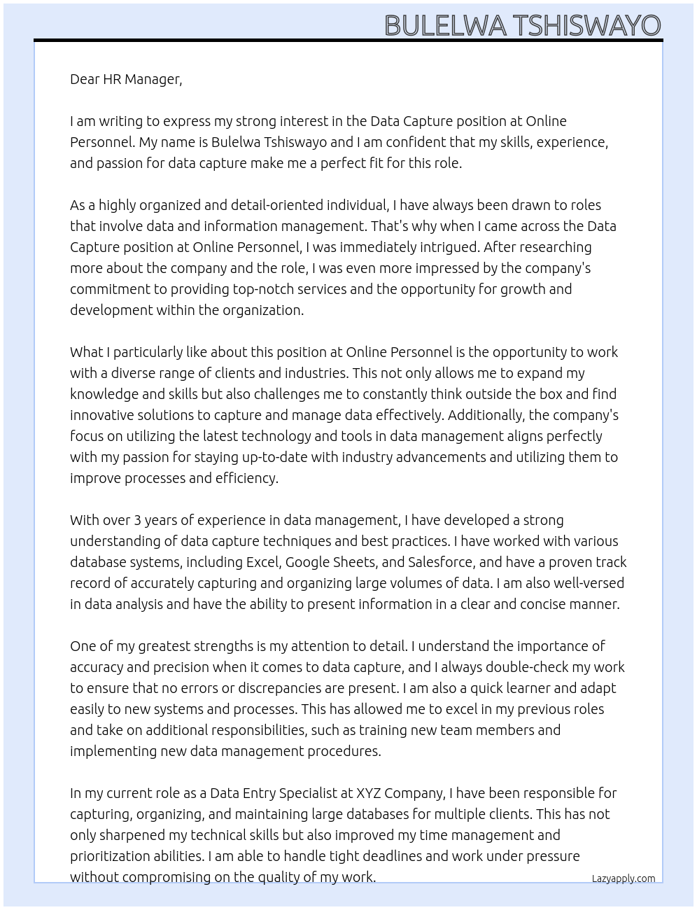 Data capture At Online personel Cover Letter