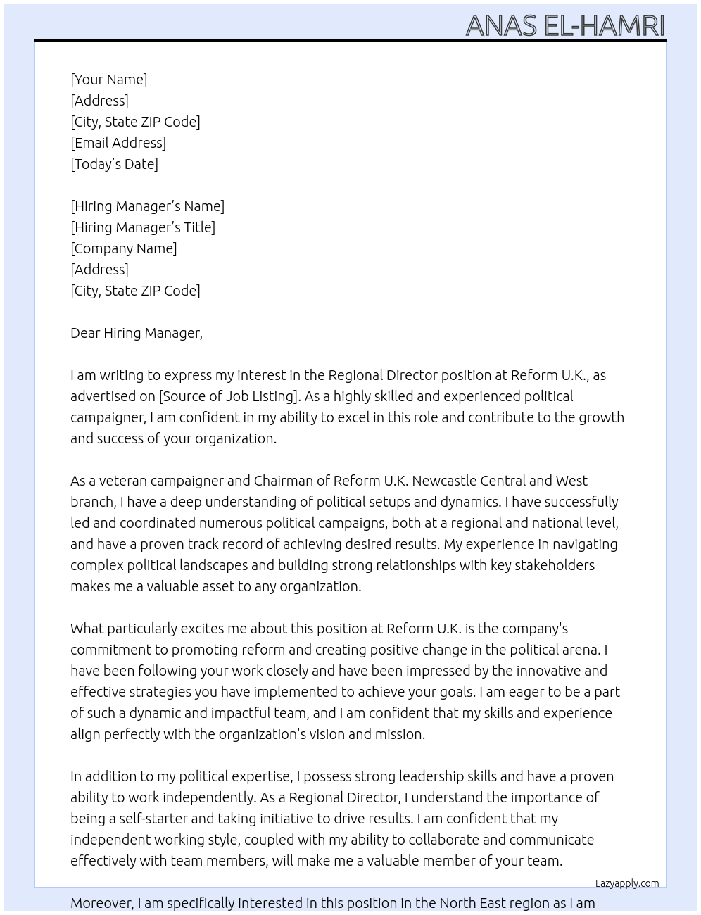 Regional director At Reform U.K. Cover Letter