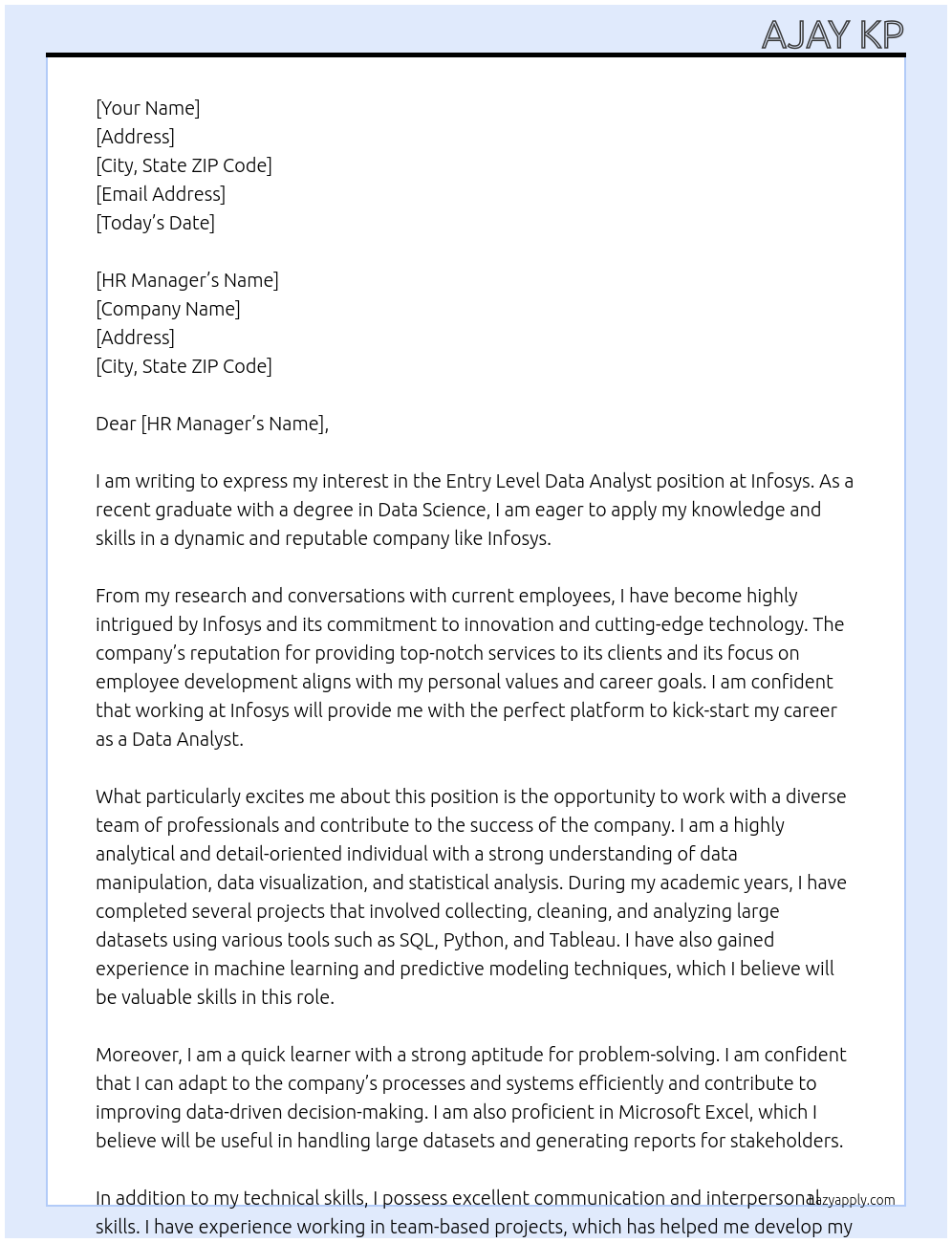 Entry Level Data Analyst At Infosys Cover Letter