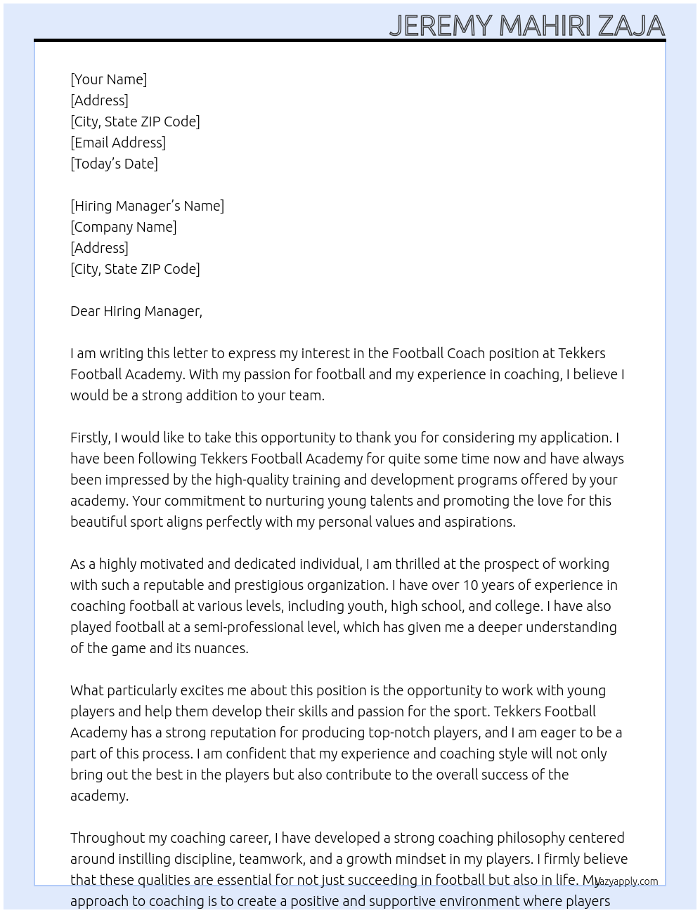 Football Coach At Tekkers Football Academy Cover Letter