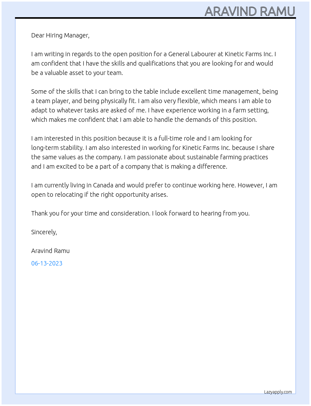 General Labourer At KINETIC FARMS INC. Cover Letter