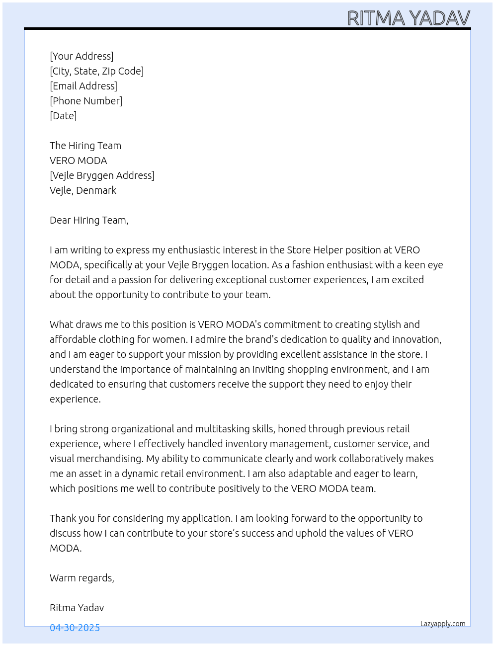 Store Helper At VERO MODA Cover Letter