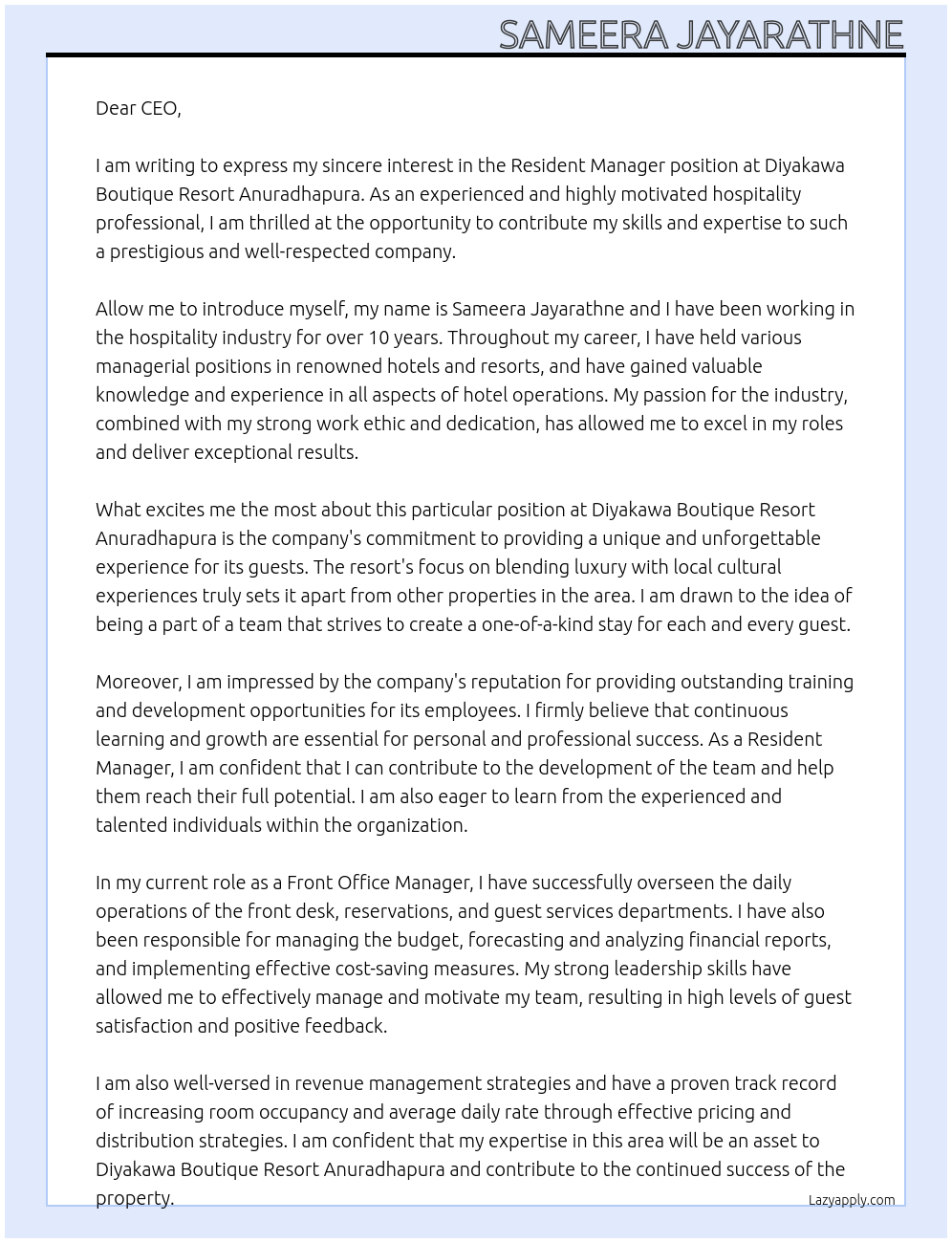 Resident Manager At Diyakawa Boutique Resort Anuradhapura Cover Letter