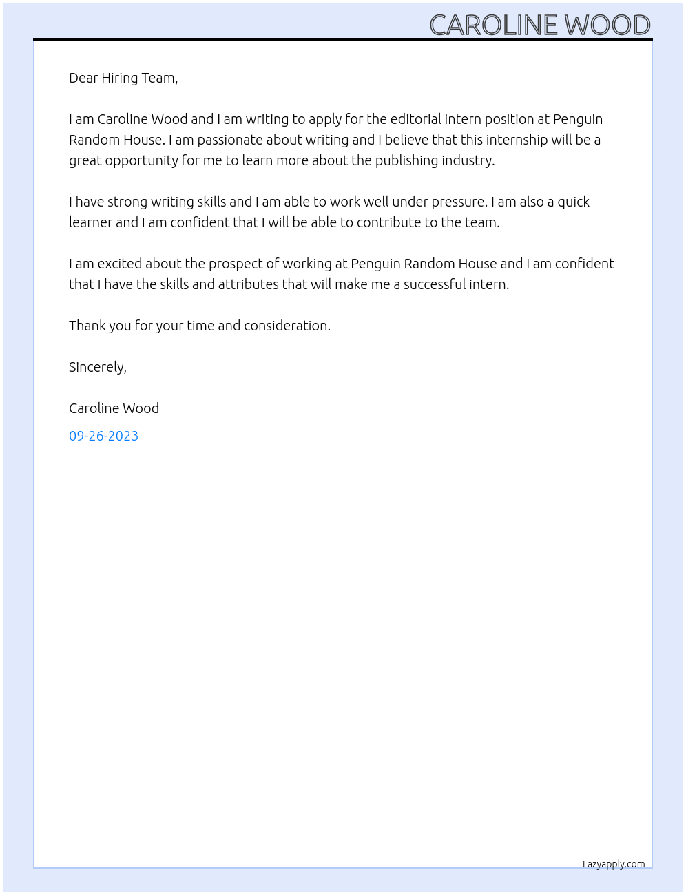 editorial intern At Penguin Random House Cover Letter