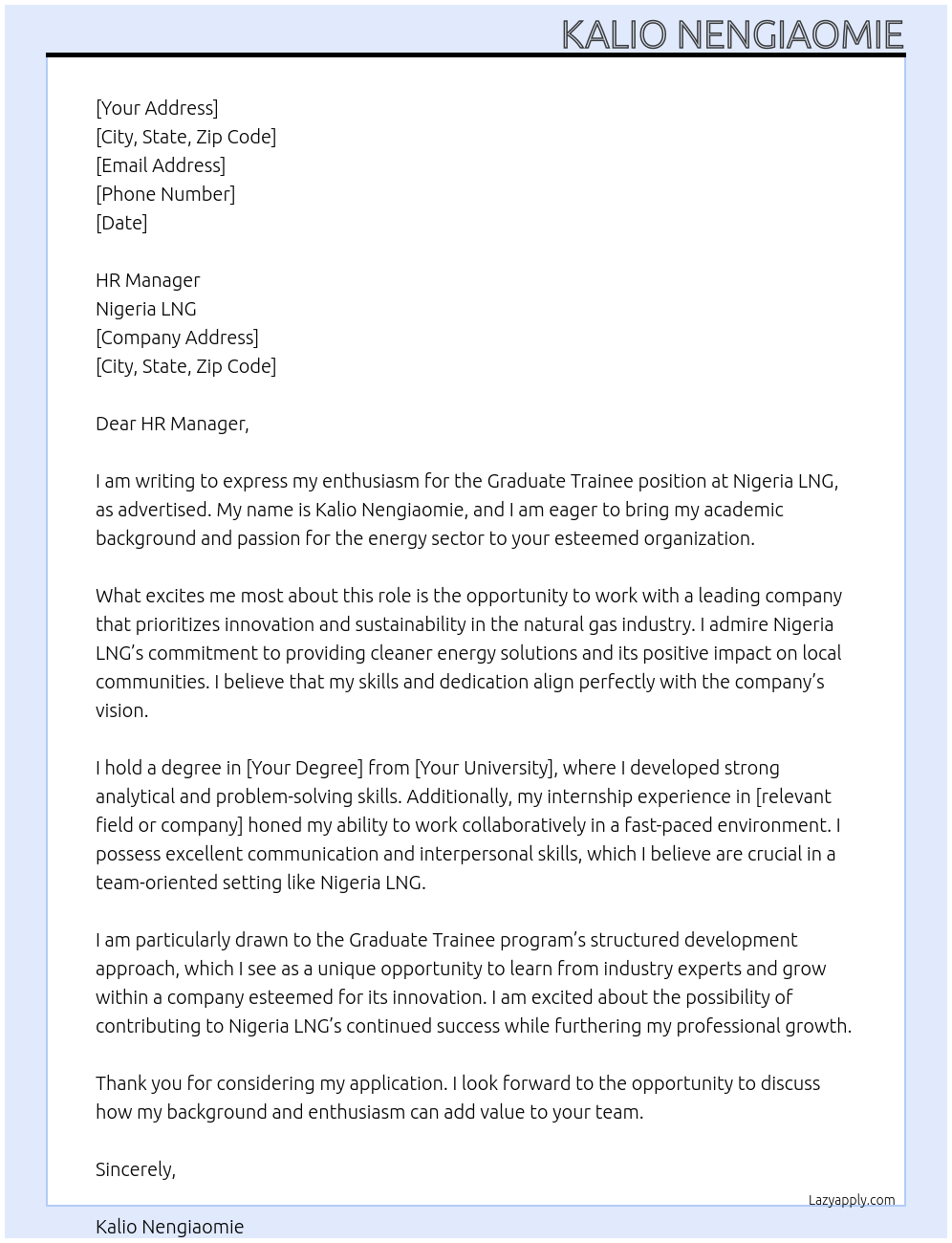 Graduate trainee At Nigeria LNG Cover Letter