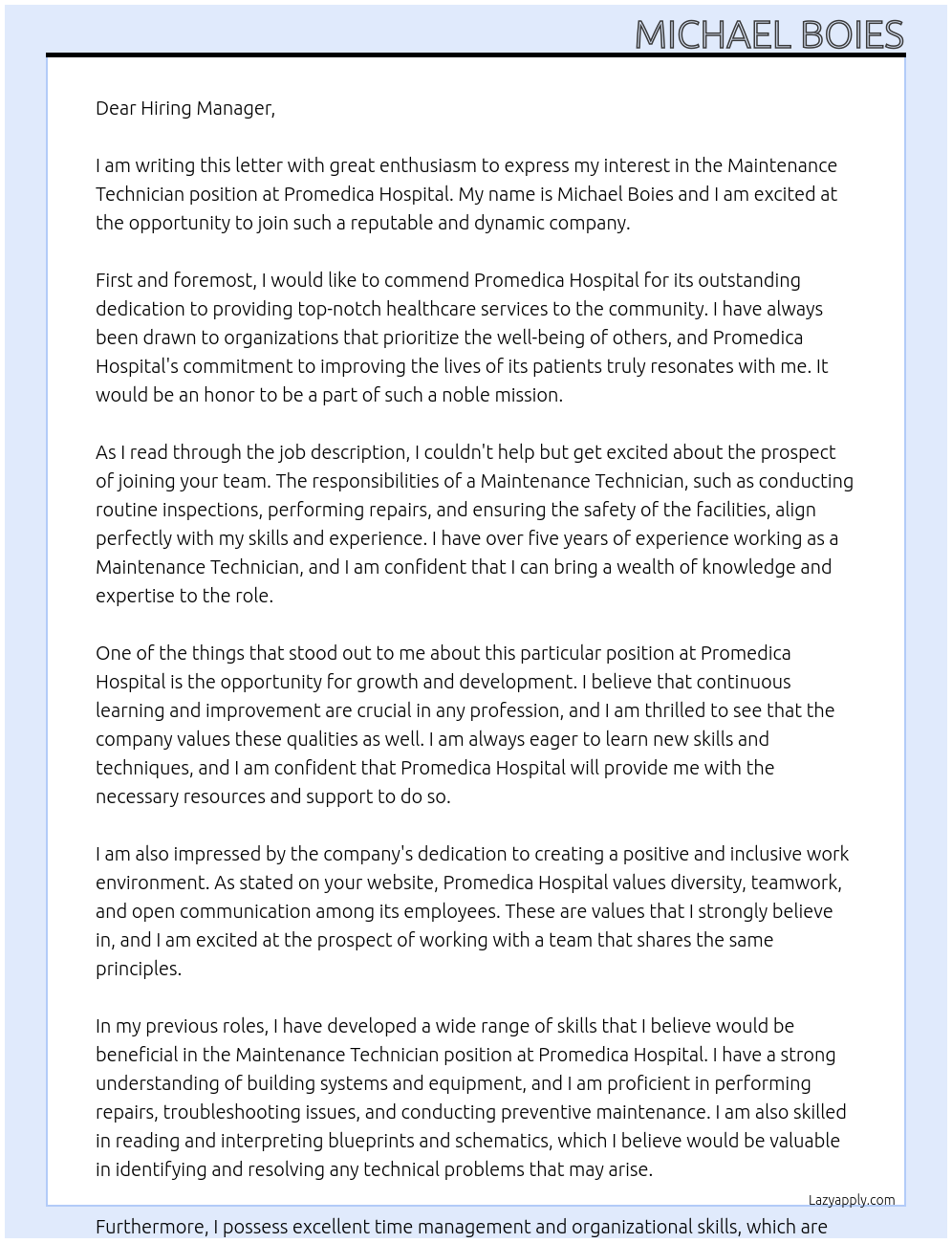 Maintenance Technician At Promedica Hospital Cover Letter